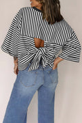 Oversized Striped Cutout Back Bow Blouse - Black