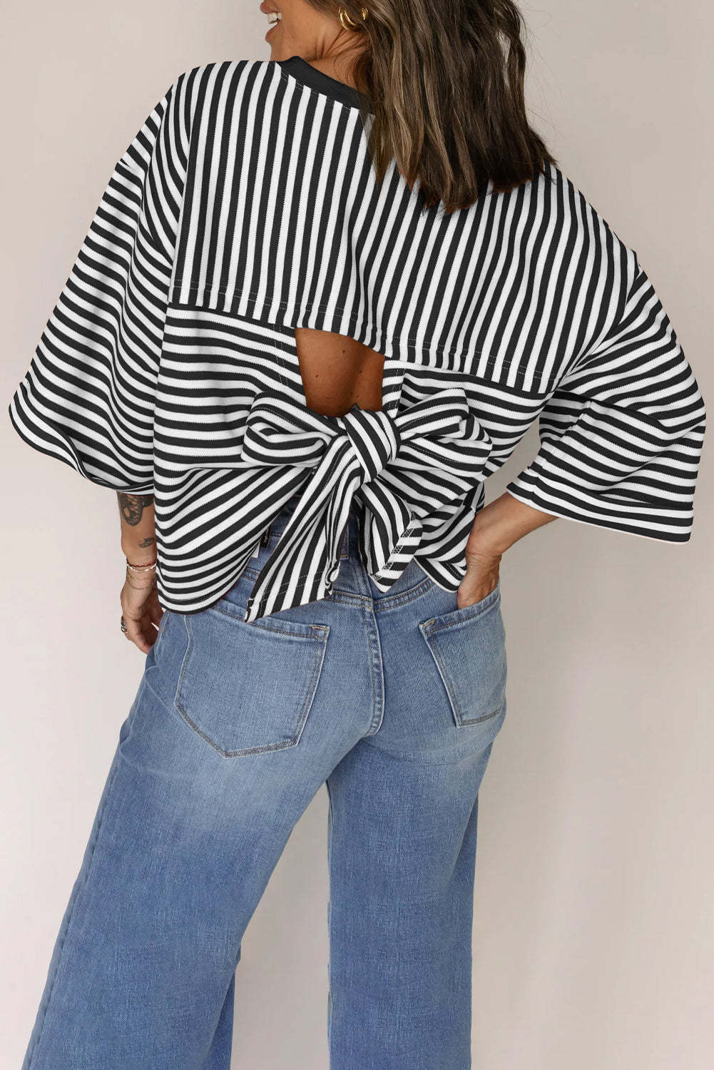 Oversized Striped Cutout Back Bow Blouse - Black