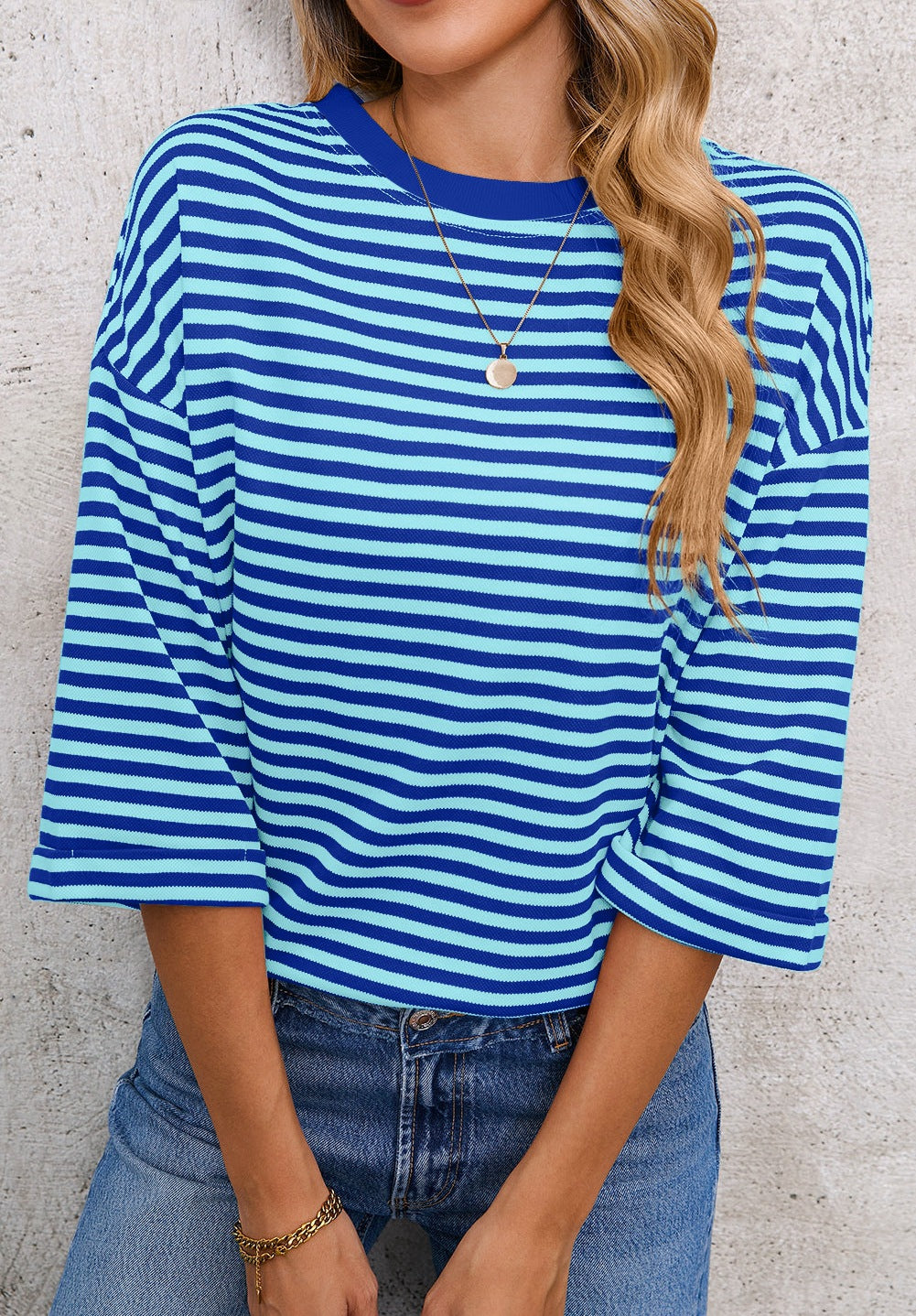 Oversized Striped Cutout Back Bow Blouse - Blue