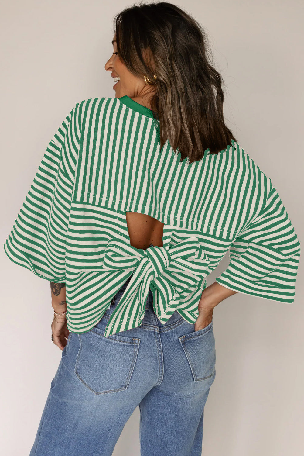 Oversized Striped Cutout Back Bow Blouse - Green