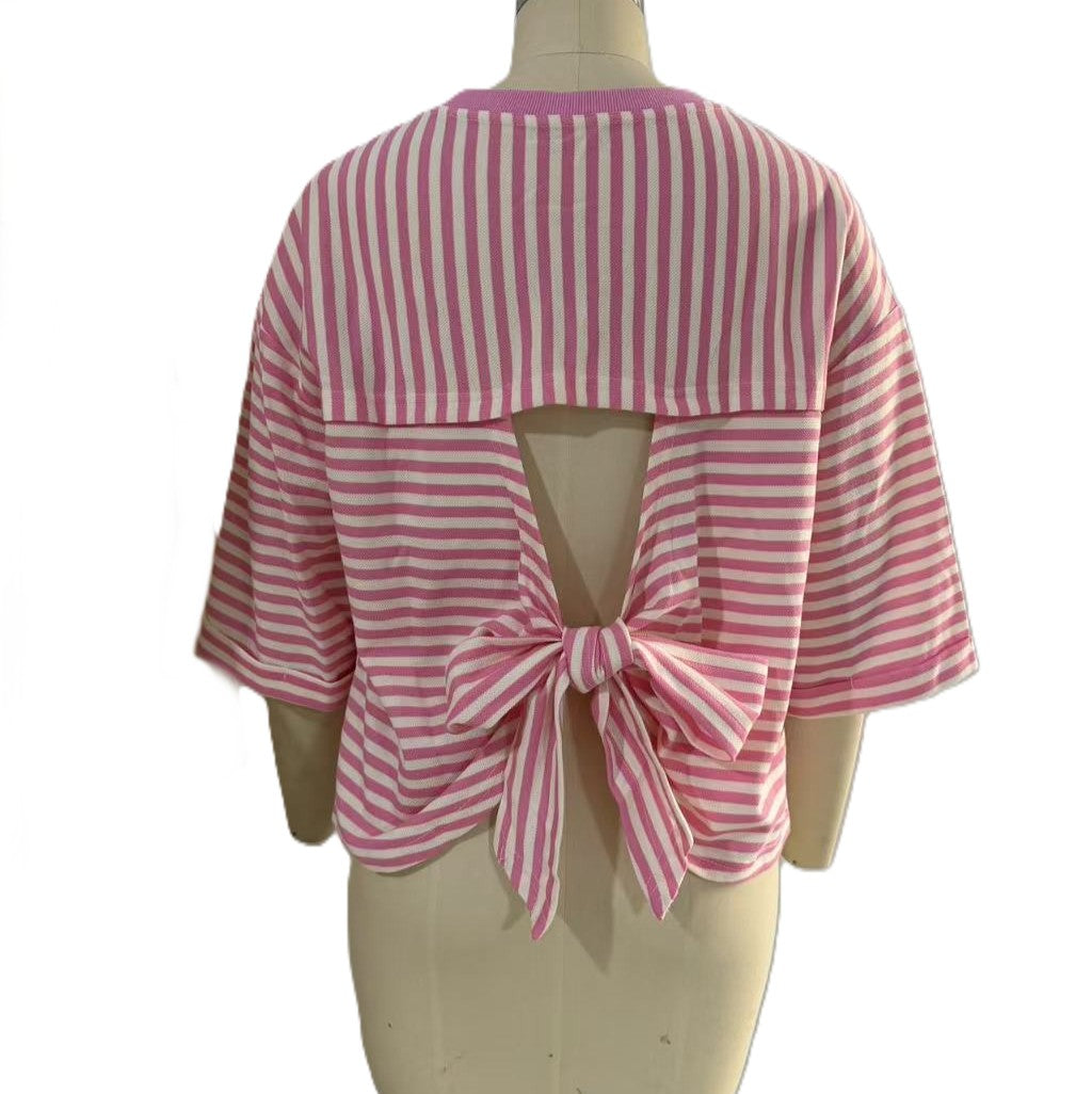 Oversized Striped Cutout Back Bow Blouse - Pink