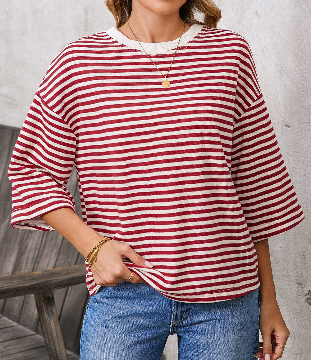 Oversized Striped Cutout Back Bow Blouse - Red