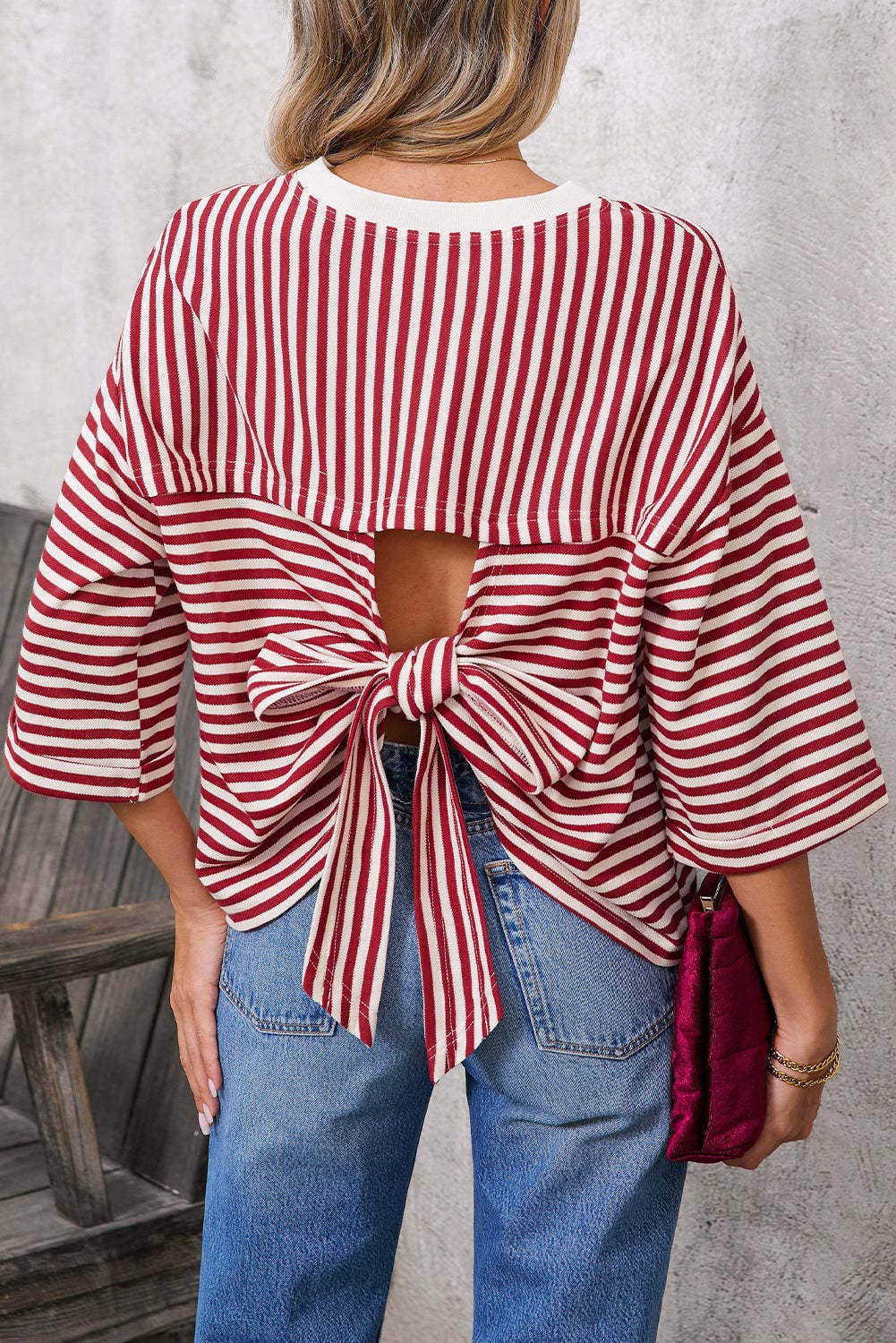 Oversized Striped Cutout Back Bow Blouse