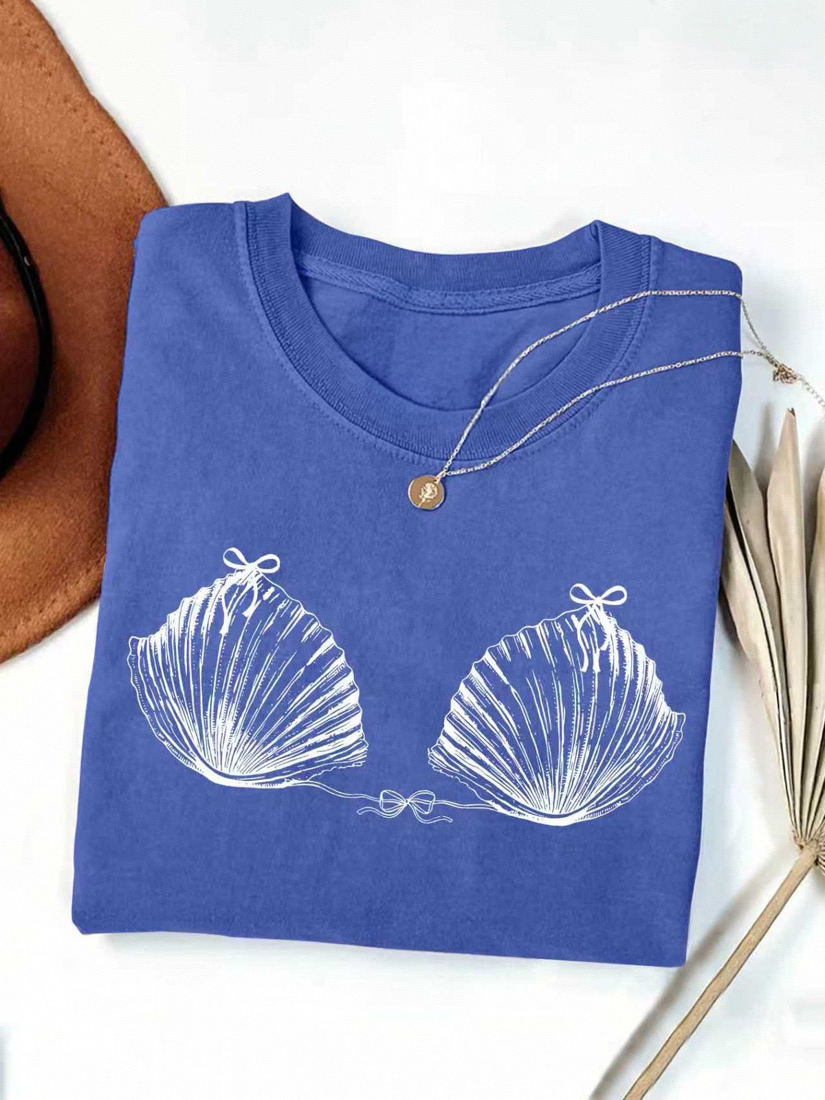 Seashell Bikini Sketch Print Cotton Tee - Blue