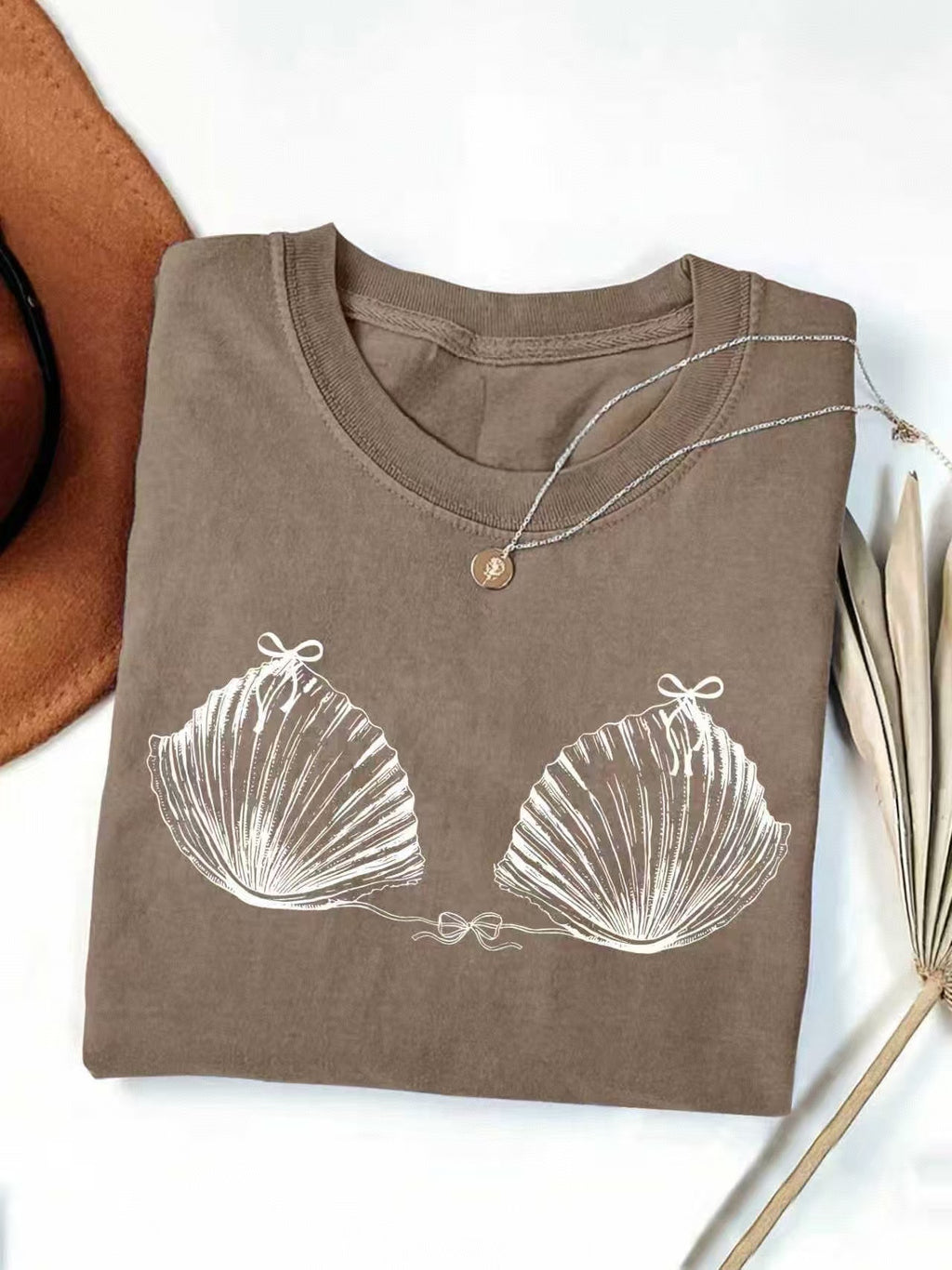 Seashell Bikini Sketch Print Cotton Tee - Coffee