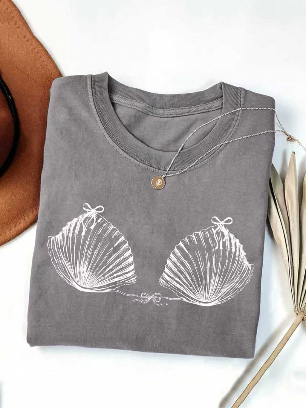 Seashell Bikini Sketch Print Cotton Tee - Grey