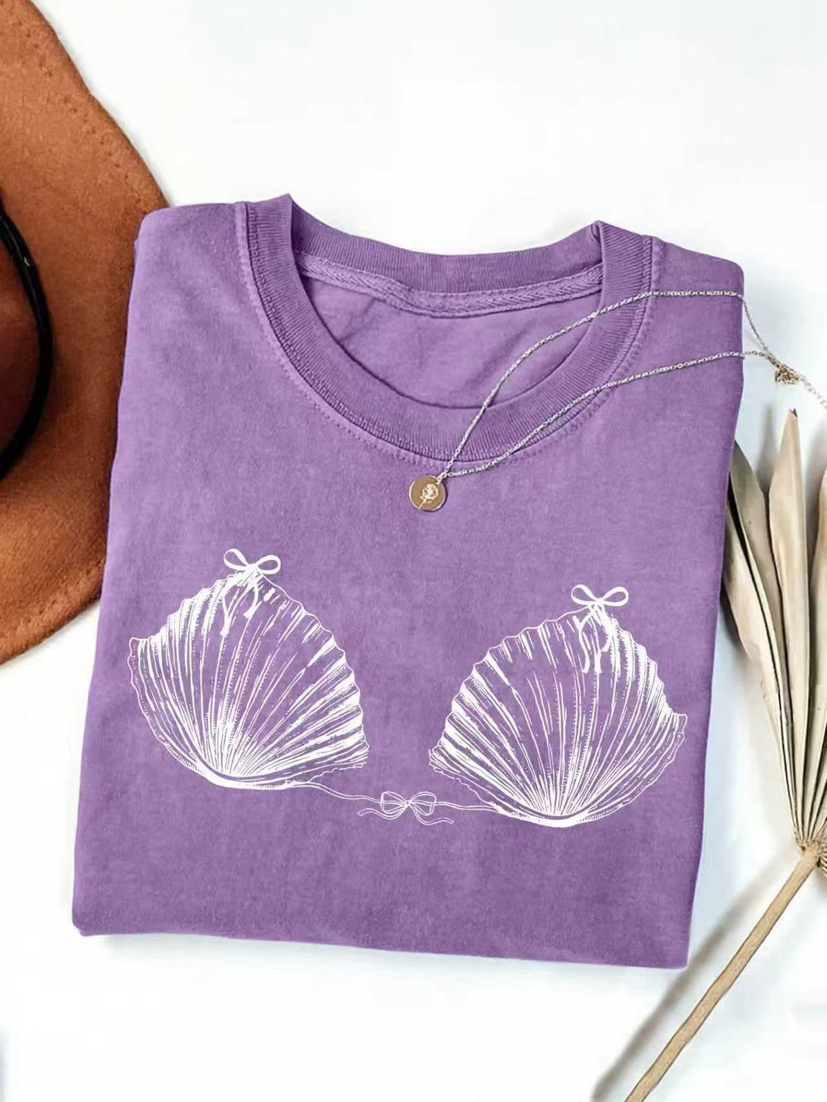 Seashell Bikini Sketch Print Cotton Tee - Purple