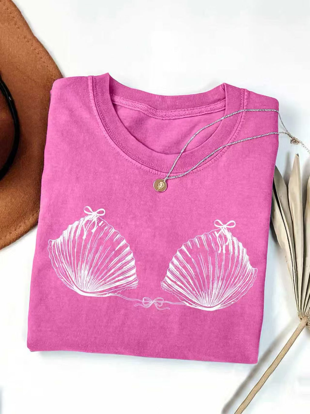 Seashell Bikini Sketch Print Cotton Tee - RoseRed