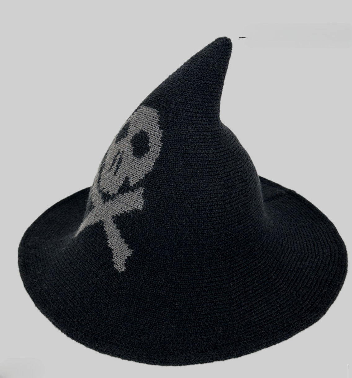 Skull Jacquard Knit Witch Hat - Black