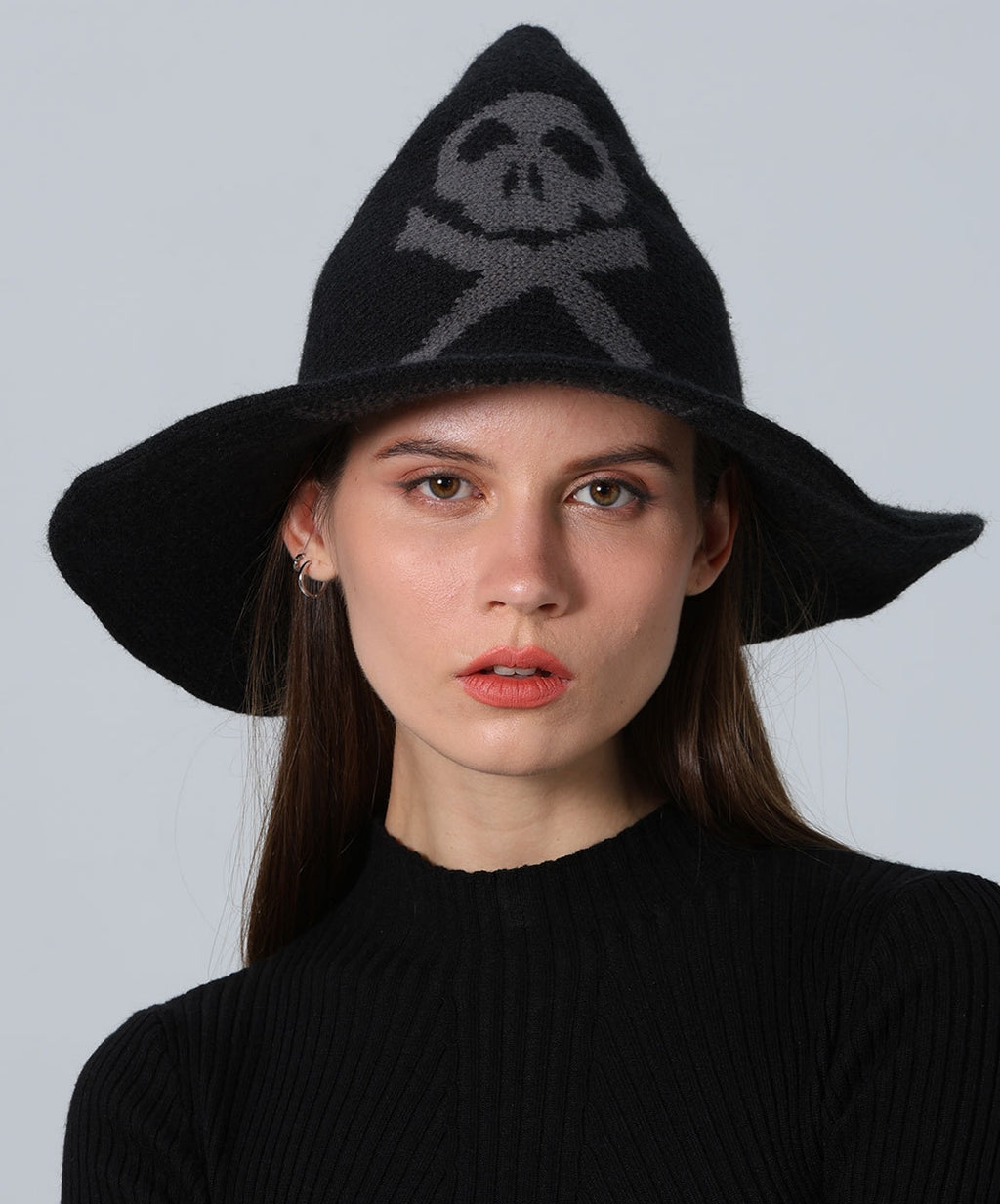 Skull Jacquard Knit Witch Hat - Black - 1
