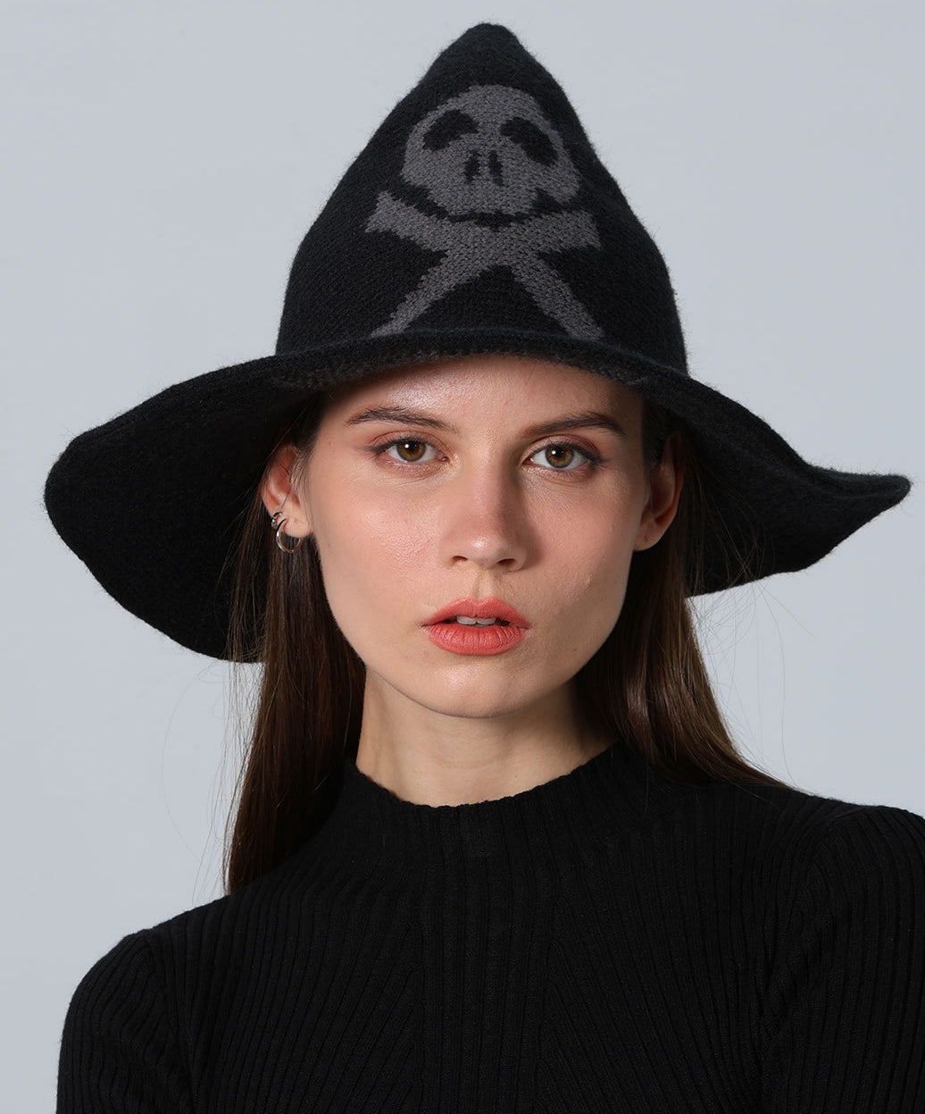 Skull Jacquard Knit Witch Hat - Black - 1