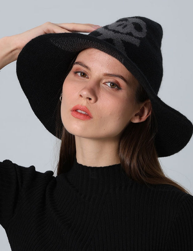 Skull Jacquard Knit Witch Hat - Black - 2