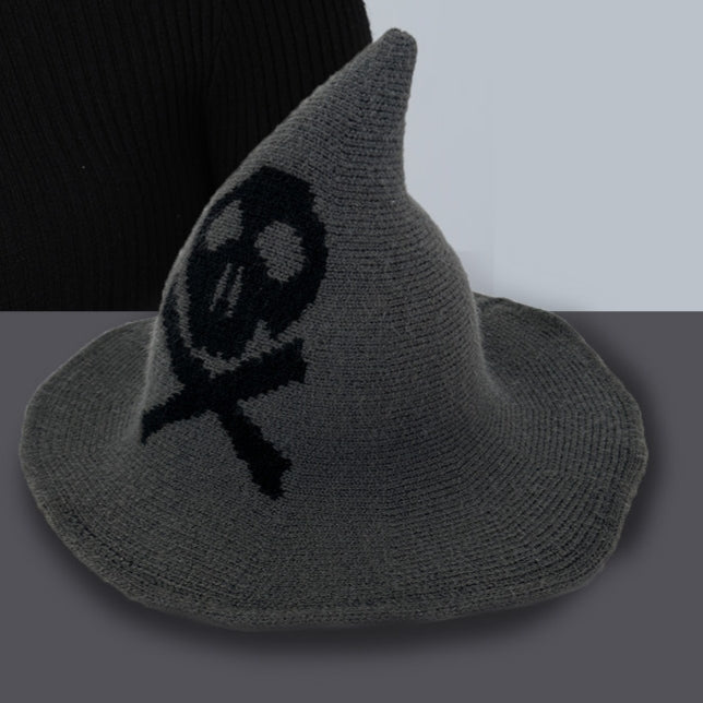Skull Jacquard Knit Witch Hat - Darkgray