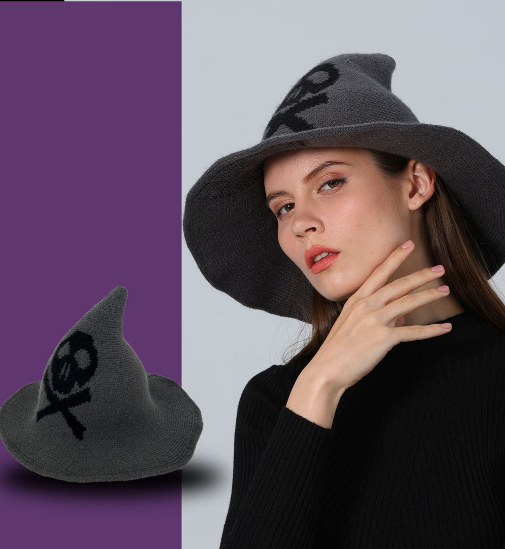 Skull Jacquard Knit Witch Hat - Darkgray - 1
