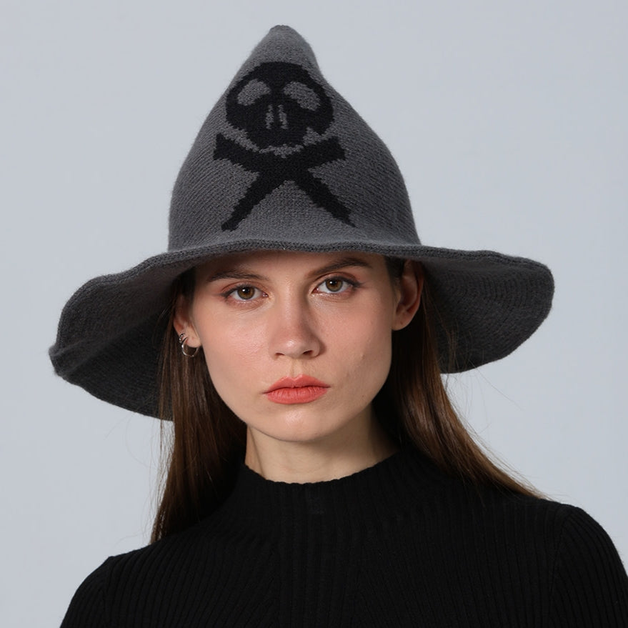 Skull Jacquard Knit Witch Hat - Darkgray - 2