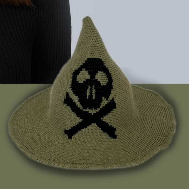 Skull Jacquard Knit Witch Hat - Green