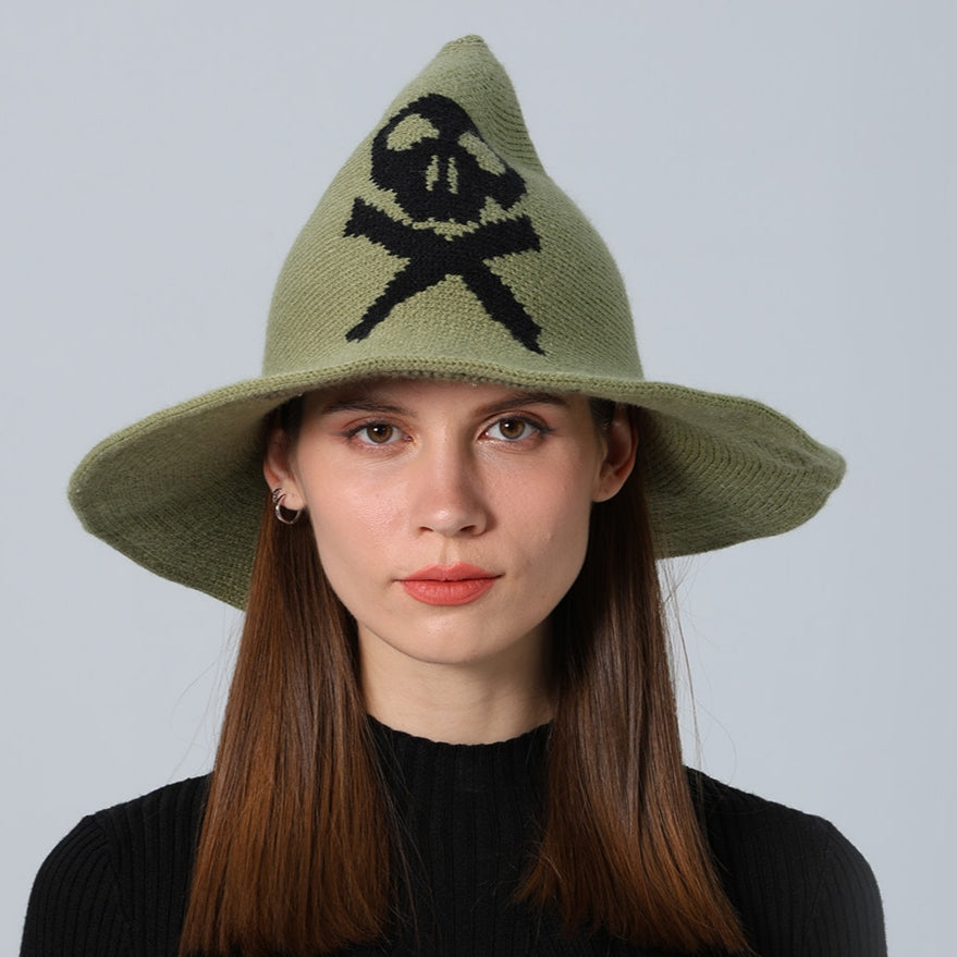 Skull Jacquard Knit Witch Hat - Green - 1