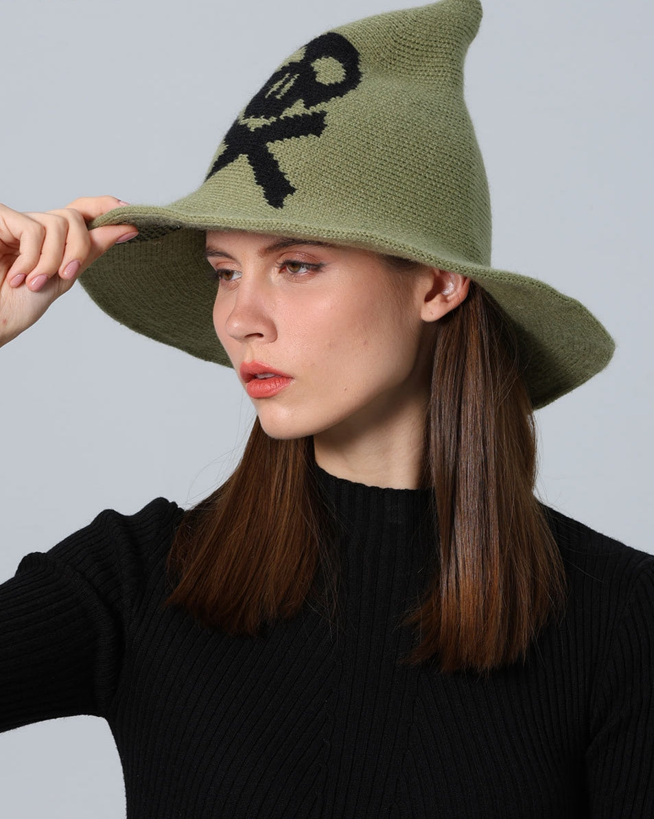 Skull Jacquard Knit Witch Hat - Green - 2