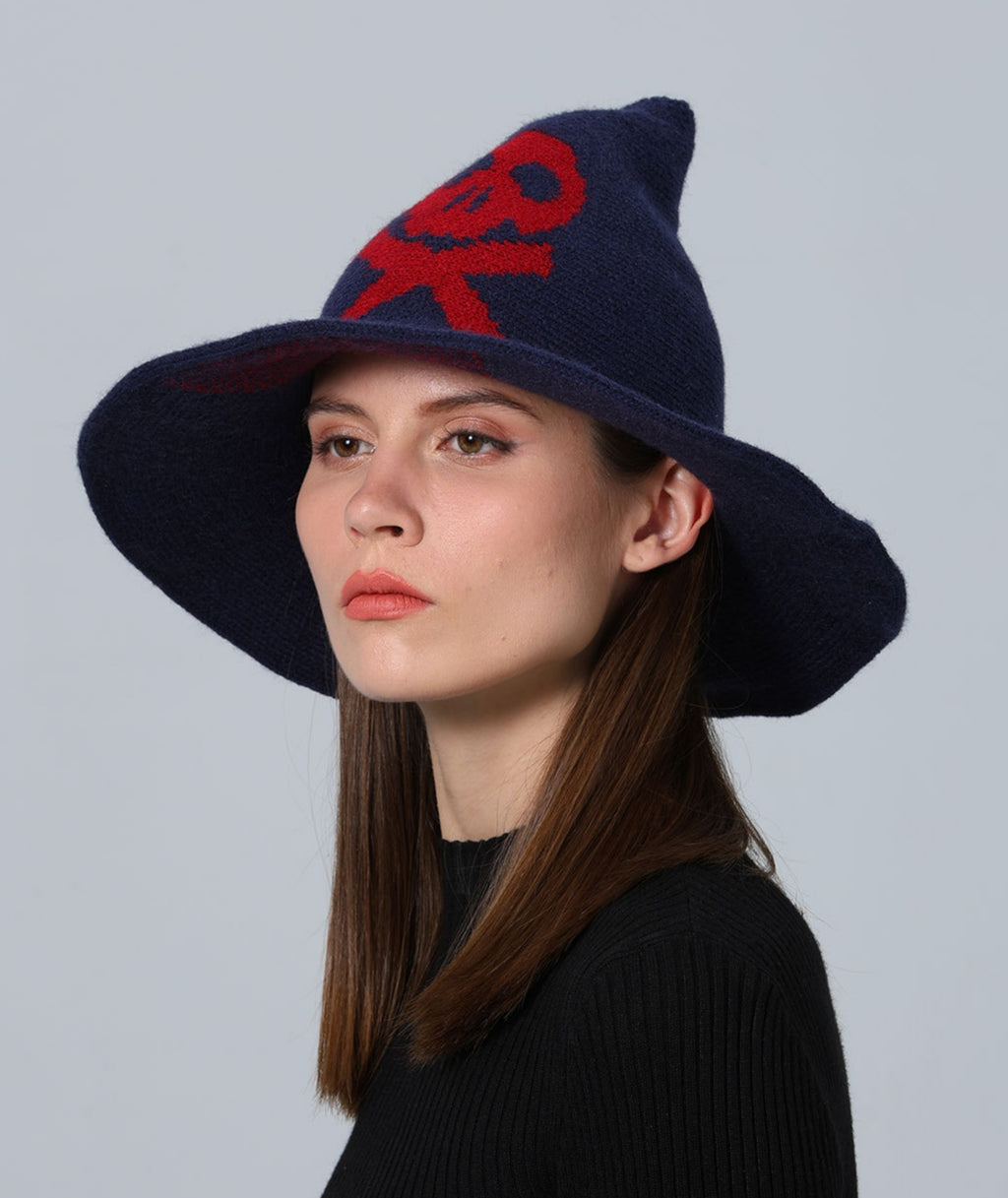 Skull Jacquard Knit Witch Hat - Navyblue