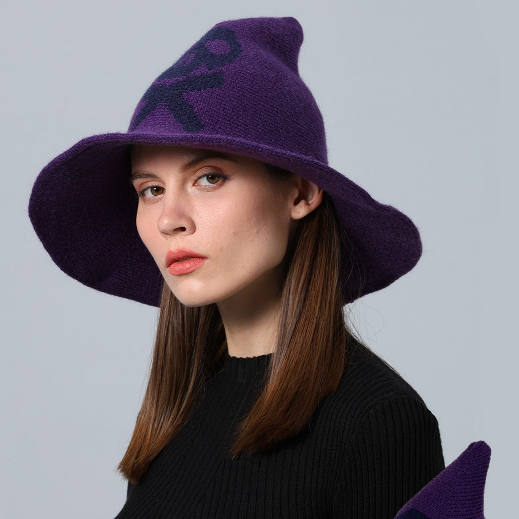 Skull Jacquard Knit Witch Hat - Purple - 1