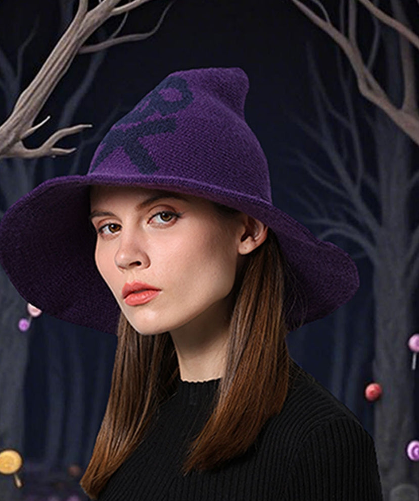 Skull Jacquard Knit Witch Hat - Purple - 2