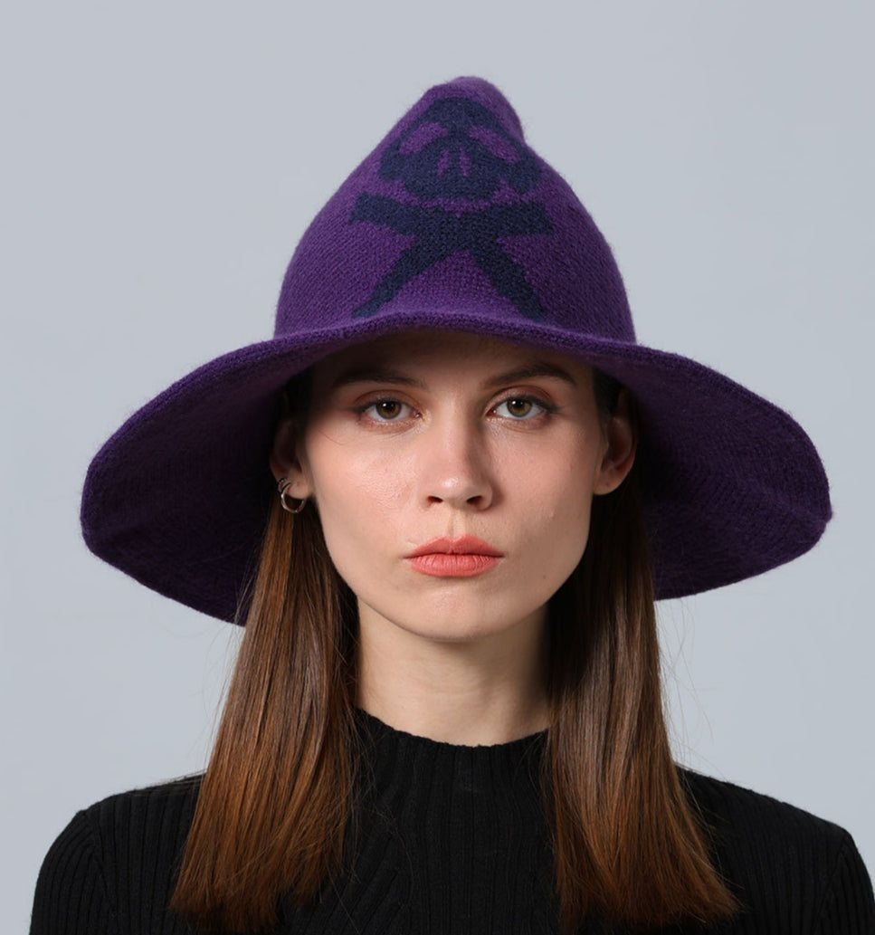 Skull Jacquard Knit Witch Hat - Purple - 3