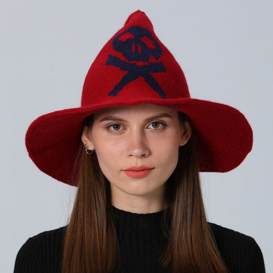 Skull Jacquard Knit Witch Hat - Wine_red