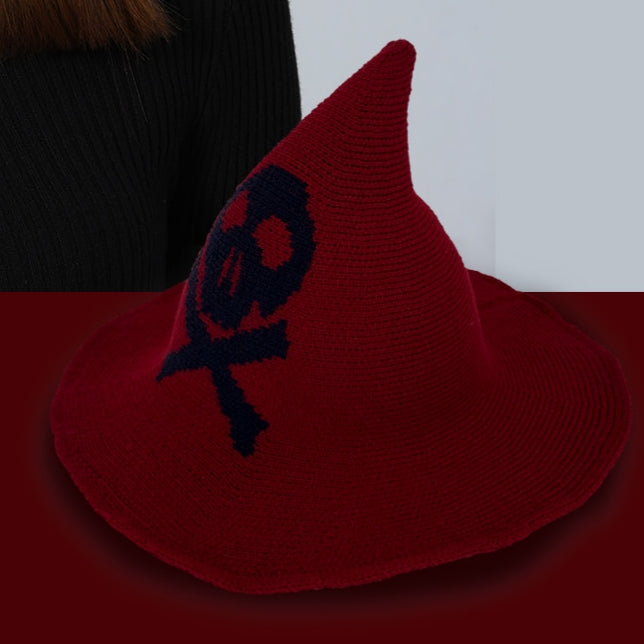 Skull Jacquard Knit Witch Hat - Wine_red - 1