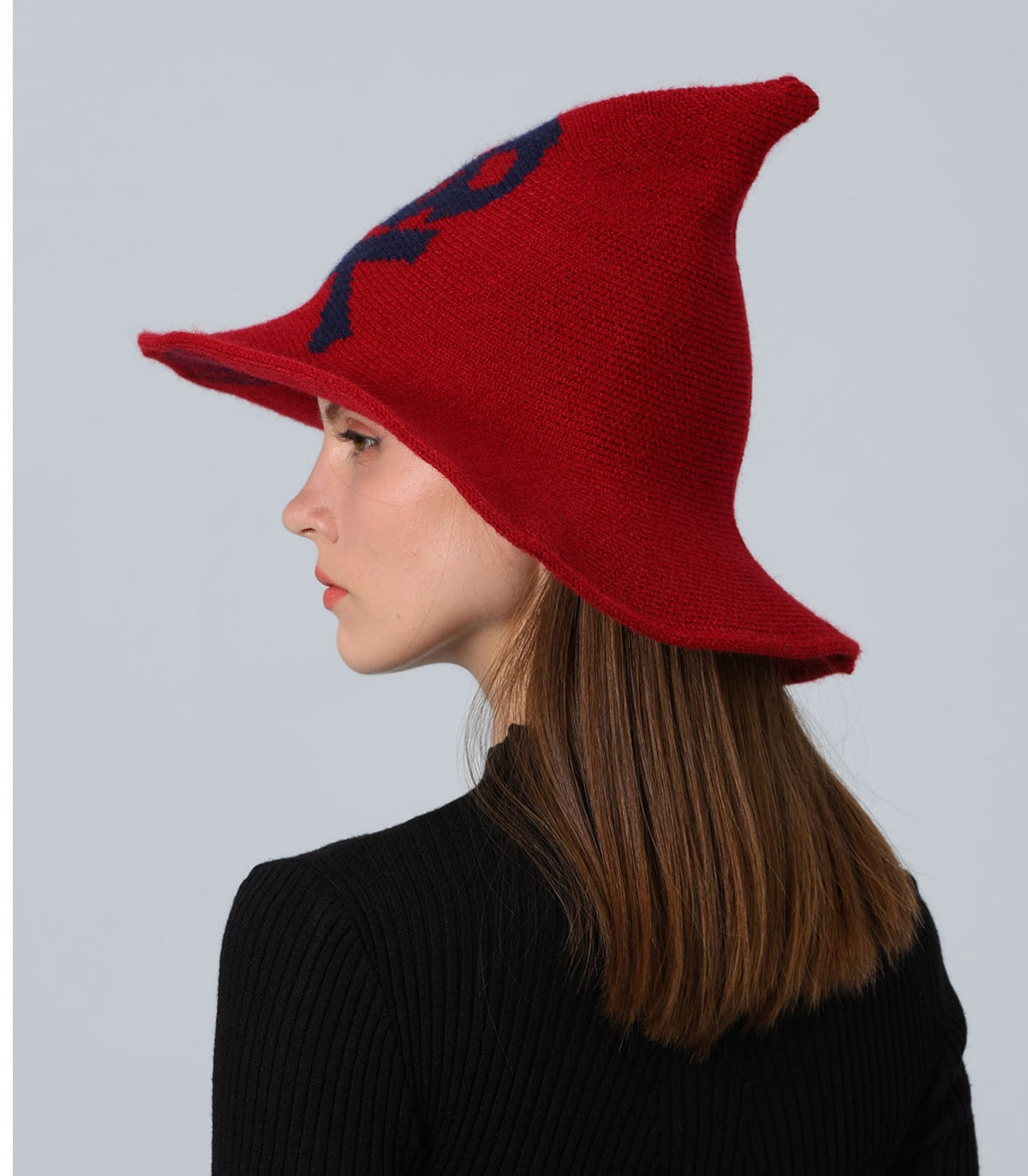 Skull Jacquard Knit Witch Hat - Wine_red - 2