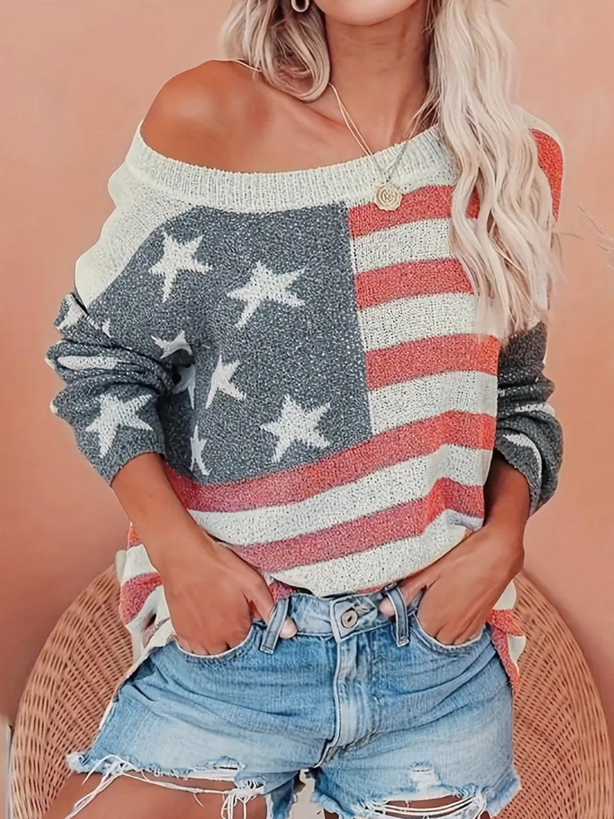Off Shoulder Stars and Stripes Knit Sweater - Color_1