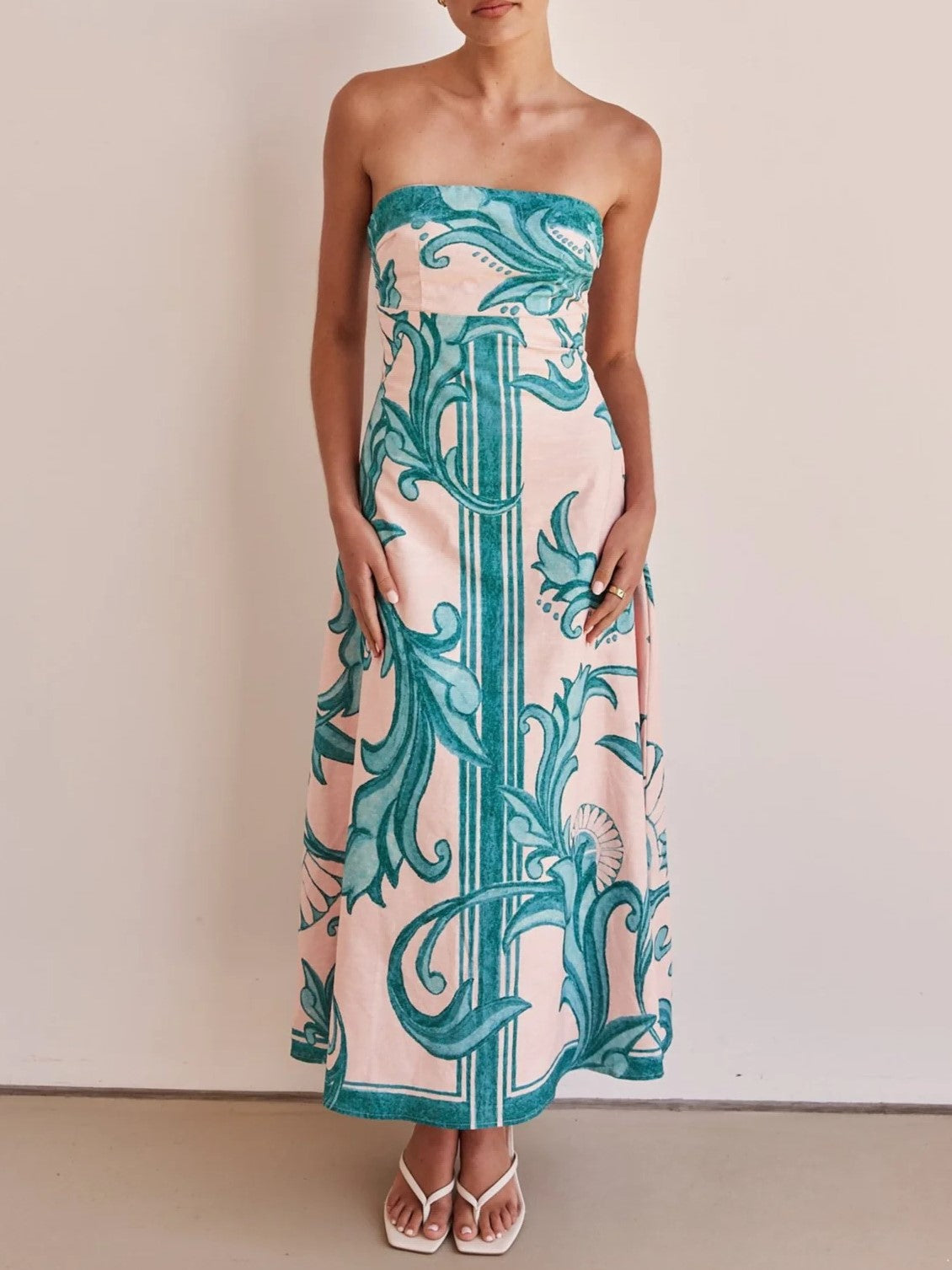 Baroque Scroll Print Strapless Maxi Dress - Green