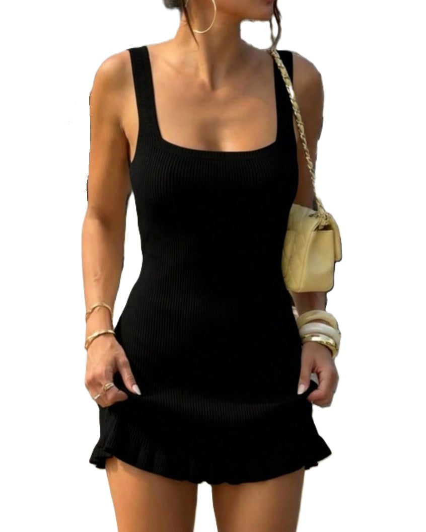 Ribbed Knit Ruffle Hem Bodycon Mini Dress - Black - 1