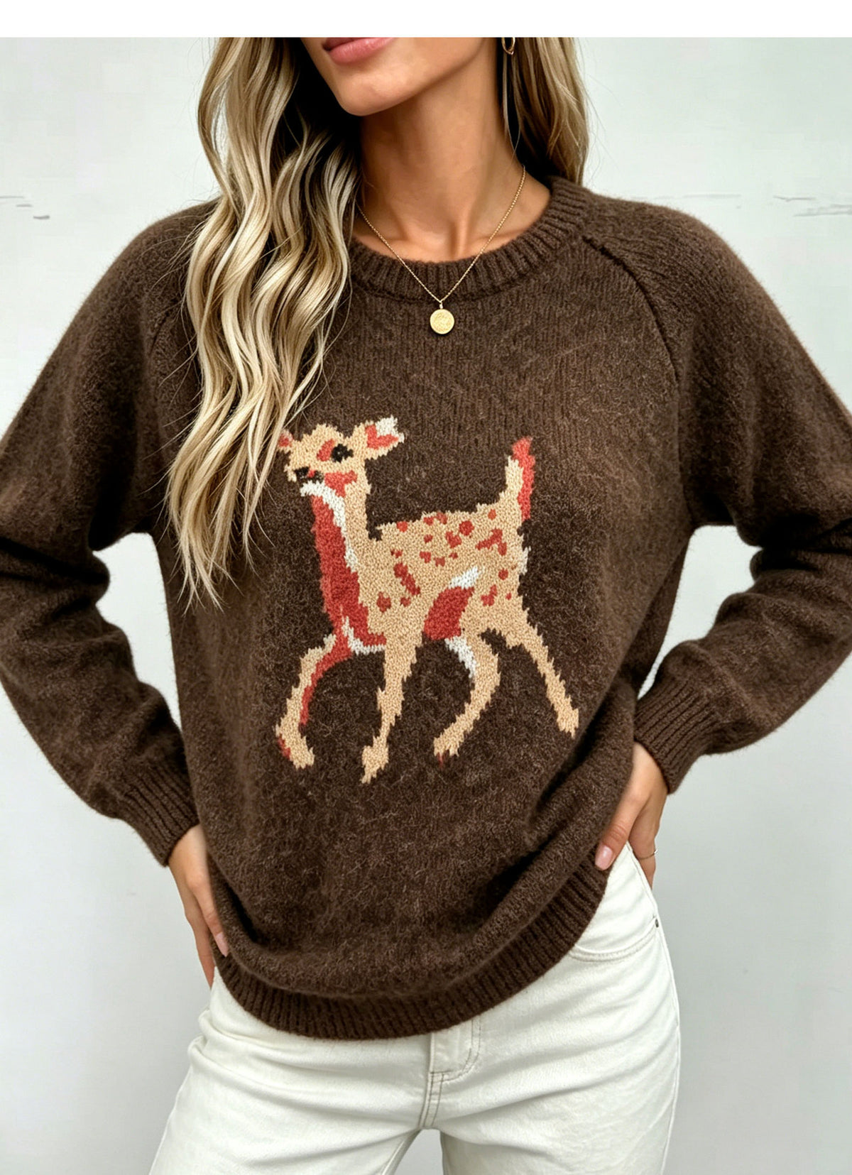 Spotted Fawn Jacquard Crewneck Sweater - Coffee