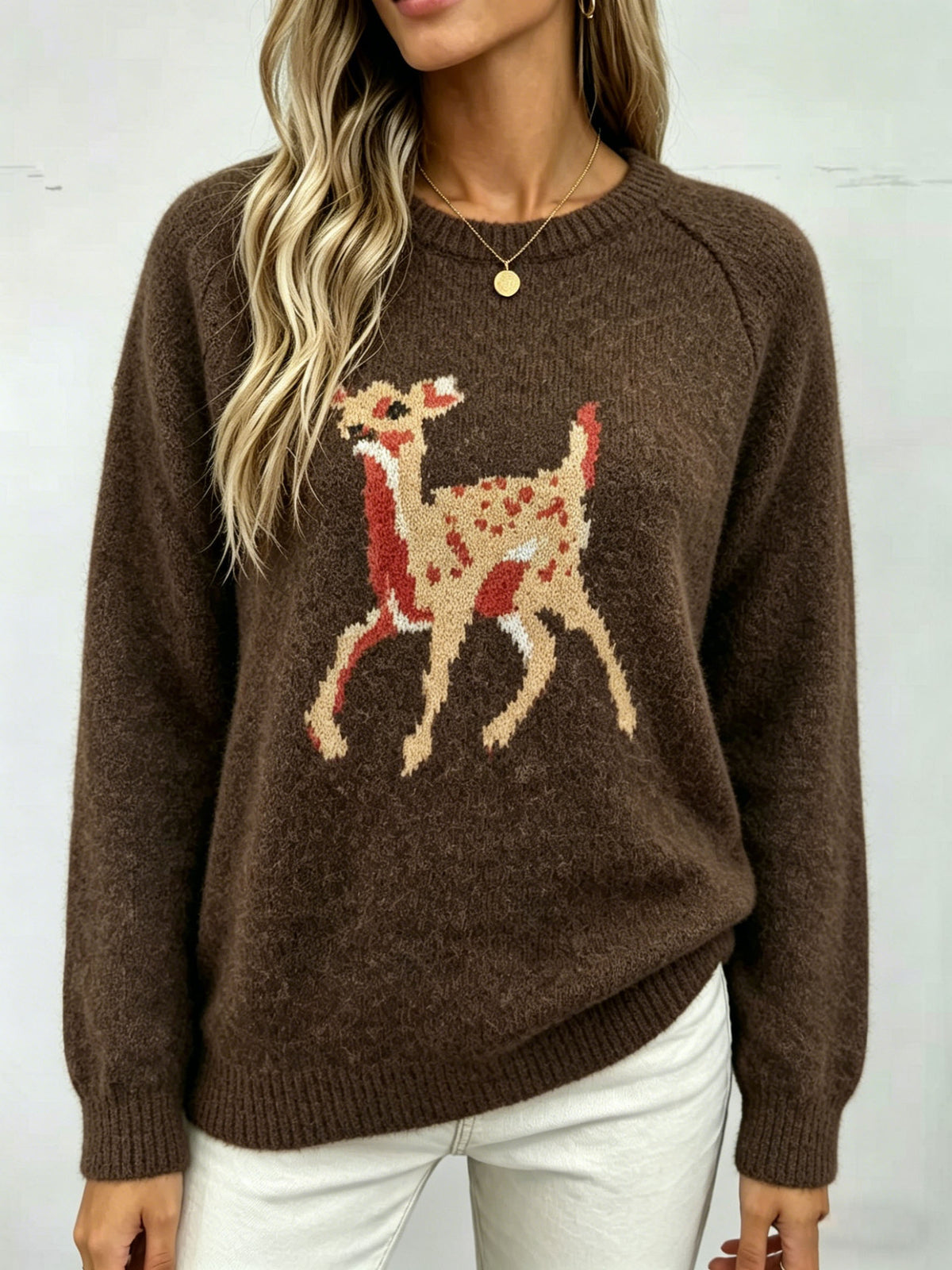 Spotted Fawn Jacquard Crewneck Sweater - Coffee - 1