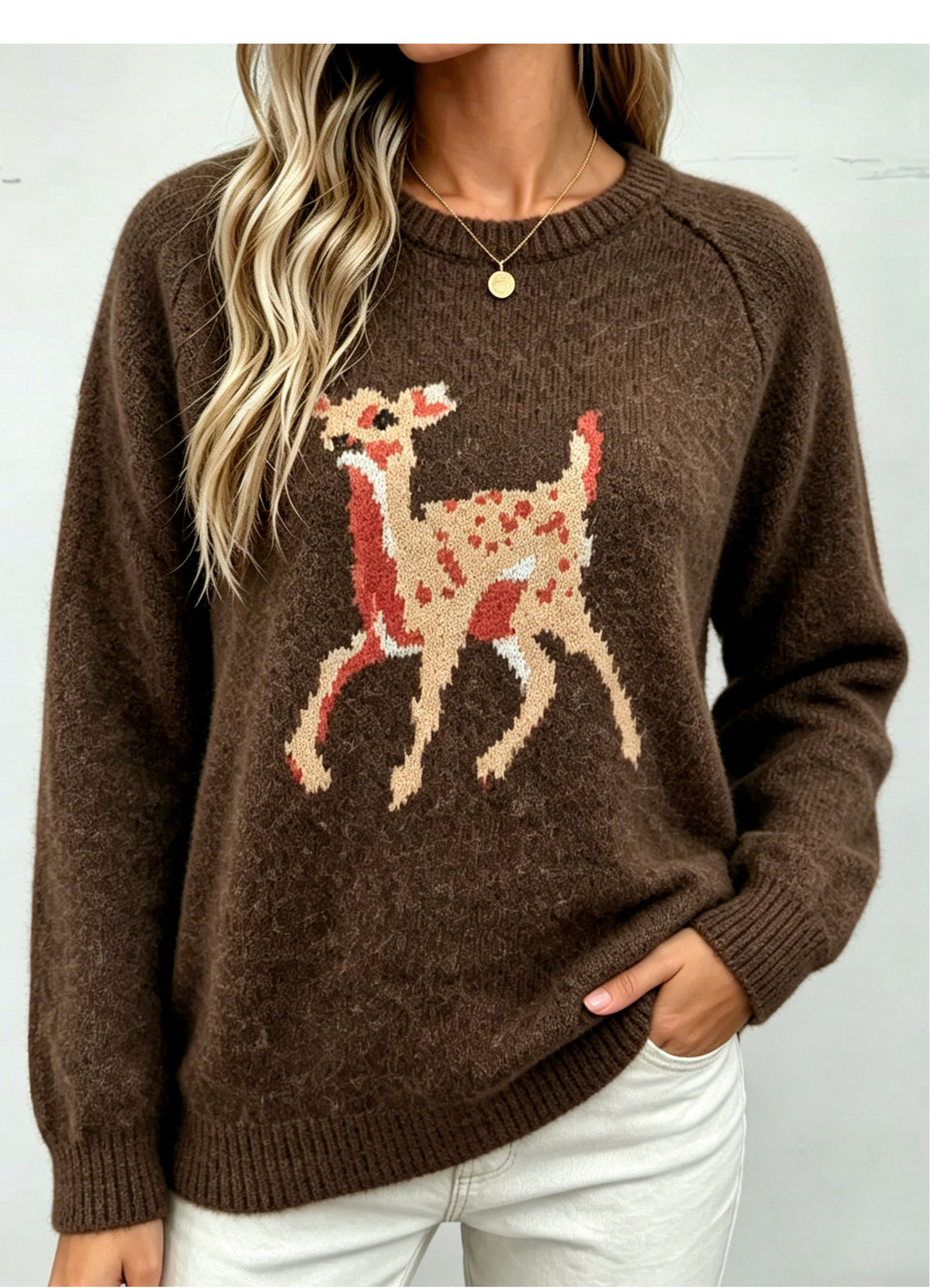 Spotted Fawn Jacquard Crewneck Sweater - Coffee - 3