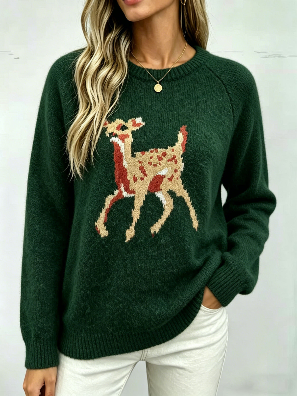 Spotted Fawn Jacquard Crewneck Sweater - Green