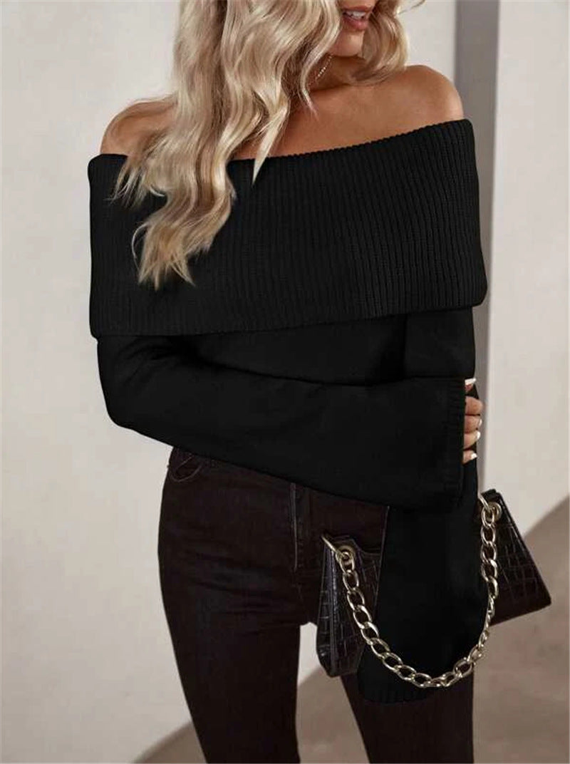 Off Shoulder Fold Collar Slim Knit Top - Black - 1