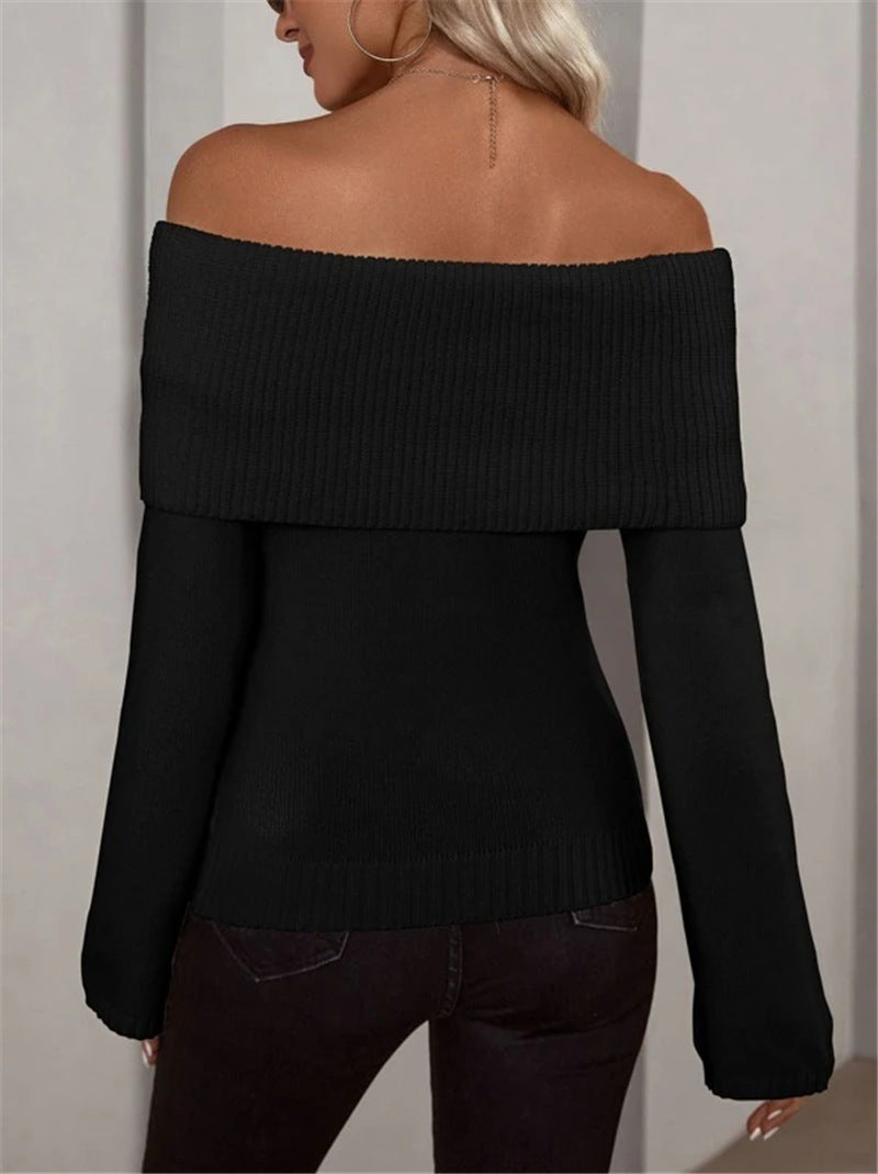 Off Shoulder Fold Collar Slim Knit Top - Black - 4