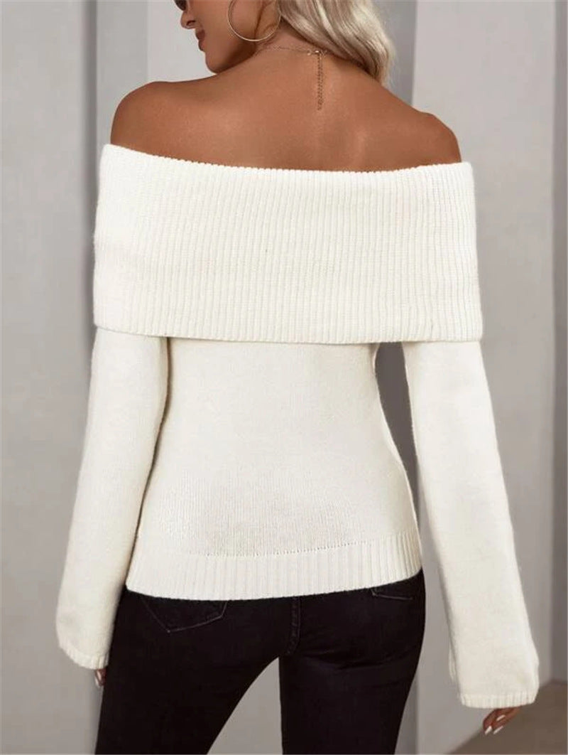 Off Shoulder Fold Collar Slim Knit Top - White - 5