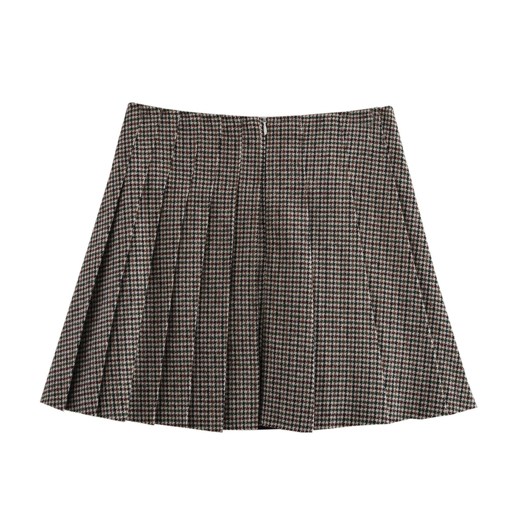 Houndstooth Pleated Mini Skirt - Brown