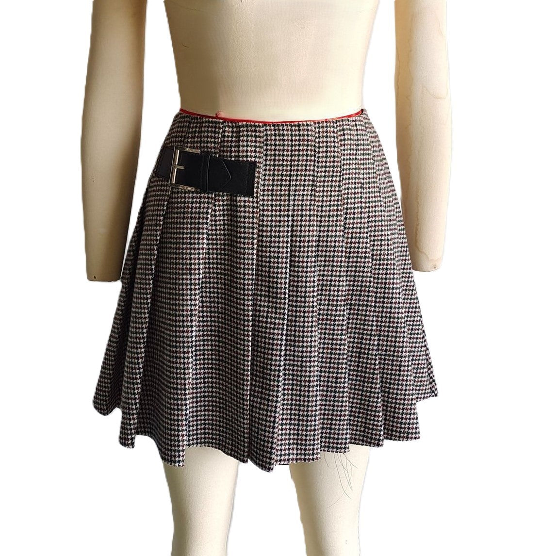 Houndstooth Pleated Mini Skirt - Brown - 1
