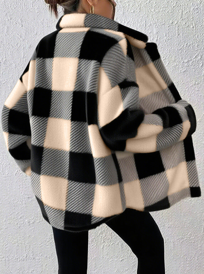 Buffalo Plaid Fleece Button Up Jacket - Apricot