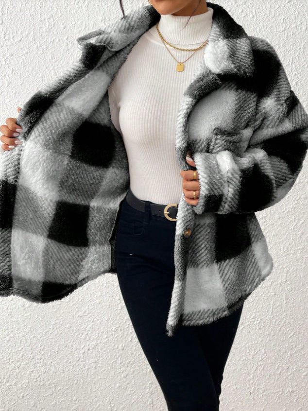 Buffalo Plaid Fleece Button Up Jacket - Black