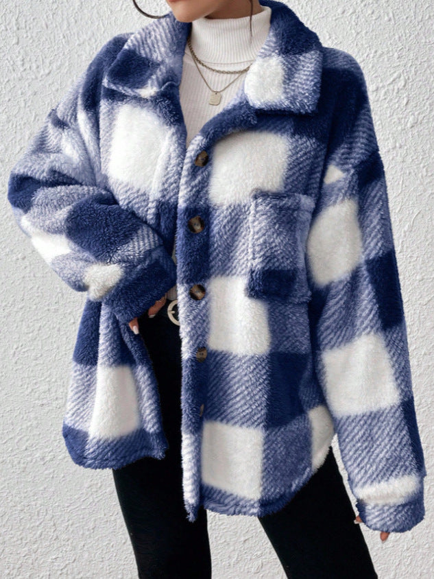 Buffalo Plaid Fleece Button Up Jacket - Blue
