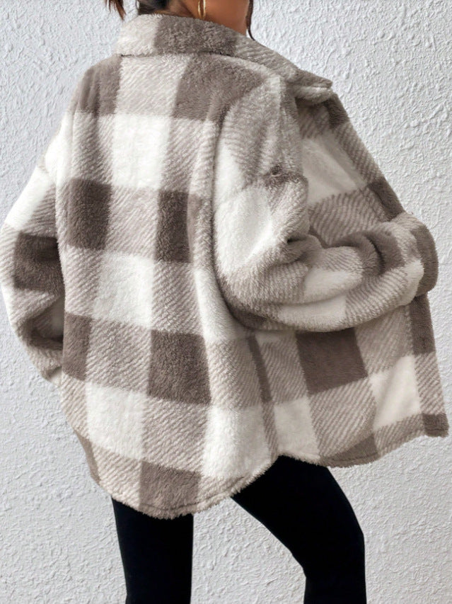 Buffalo Plaid Fleece Button Up Jacket - Khaki