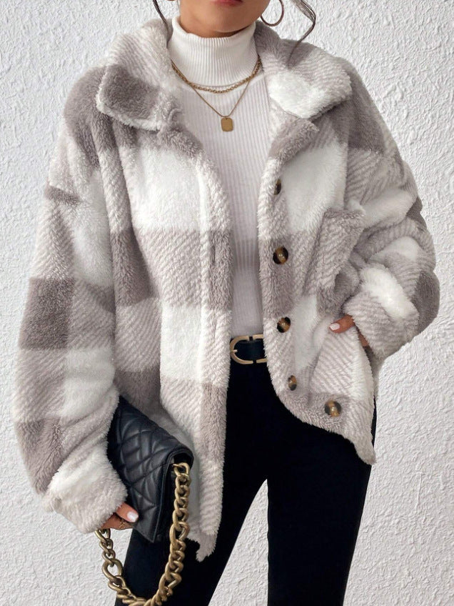 Buffalo Plaid Fleece Button Up Jacket - LightGray