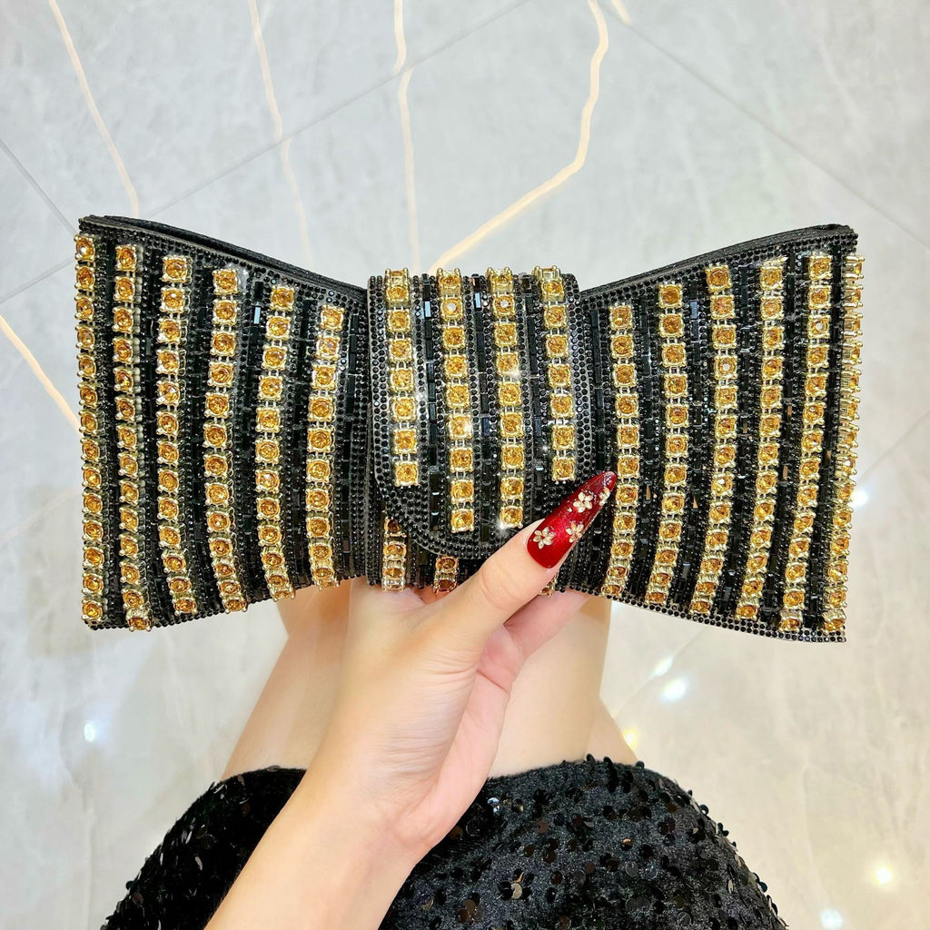 Crystal Bow Clutch with Chain Strap - Black
