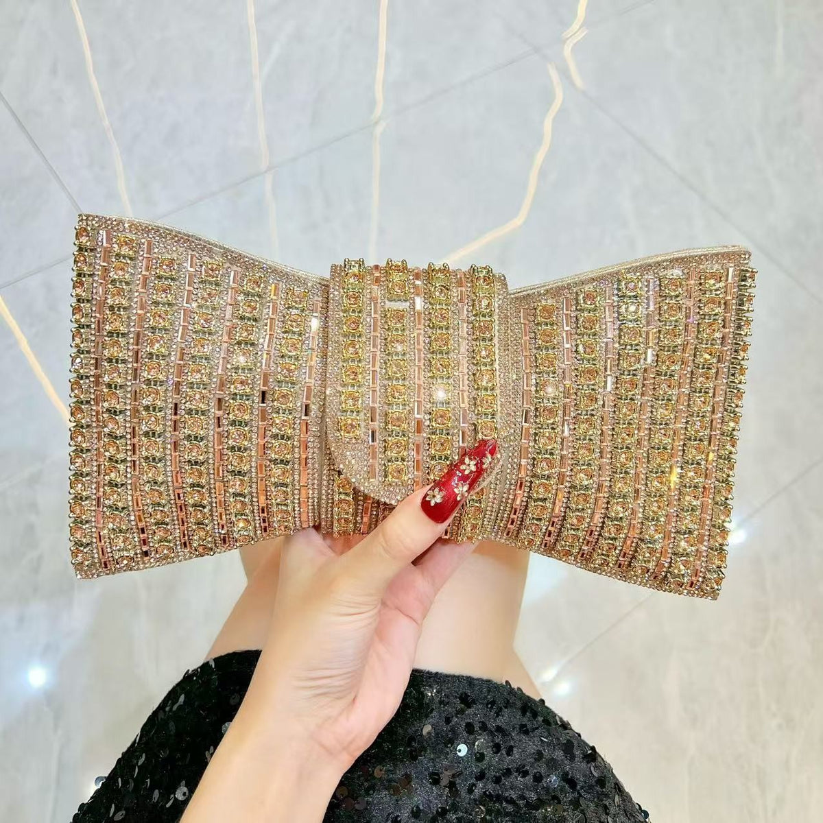 Crystal Bow Clutch with Chain Strap - Champagne