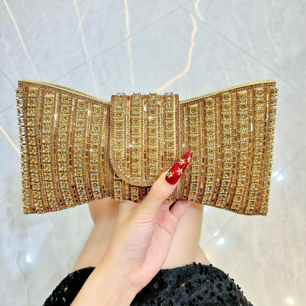 Crystal Bow Clutch with Chain Strap - Gold