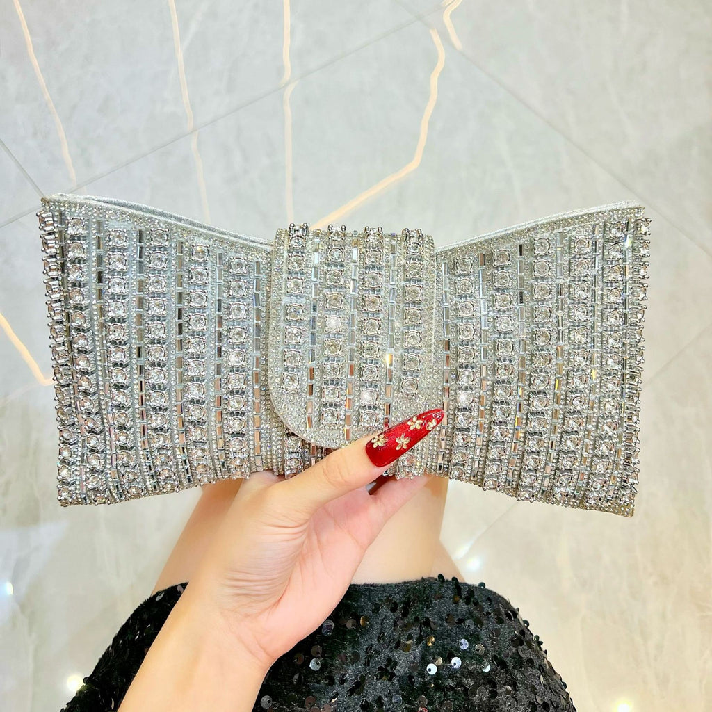Crystal Bow Clutch with Chain Strap - Silver